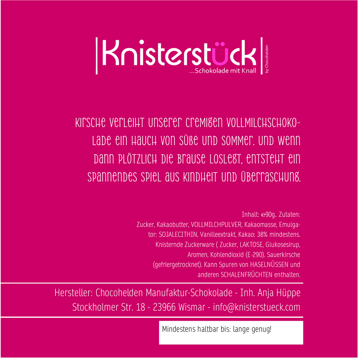 Rückseite der Verpackung von Knisterstück Vollmilch Sauerkirsche