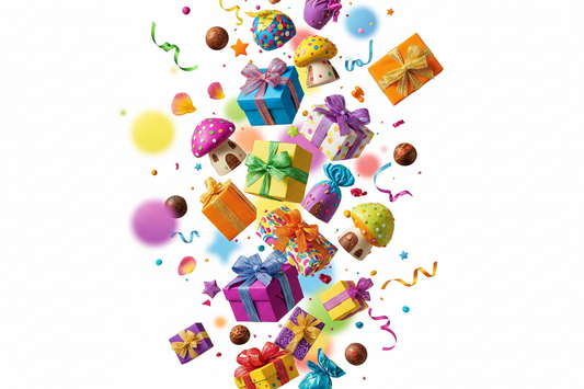 Bunte Präsentation besonderer Schokoladen-Geschenke