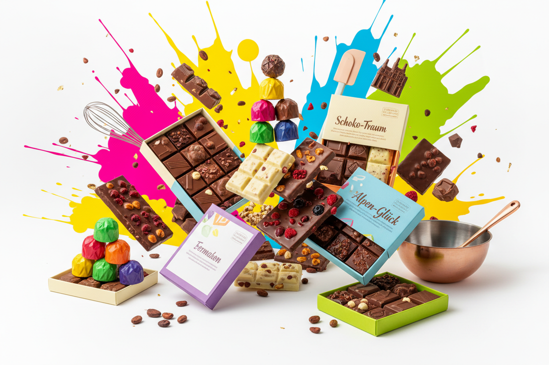 Bunte Darstellung deutscher Schokoladen-Manufakturen und Handwerkskunst