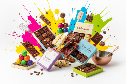 Bunte Darstellung deutscher Schokoladen-Manufakturen und Handwerkskunst