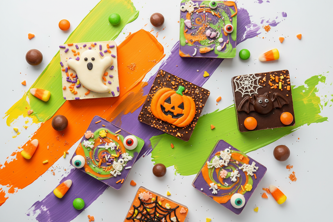Bunte gruselige Halloween-Schokolade und Treats