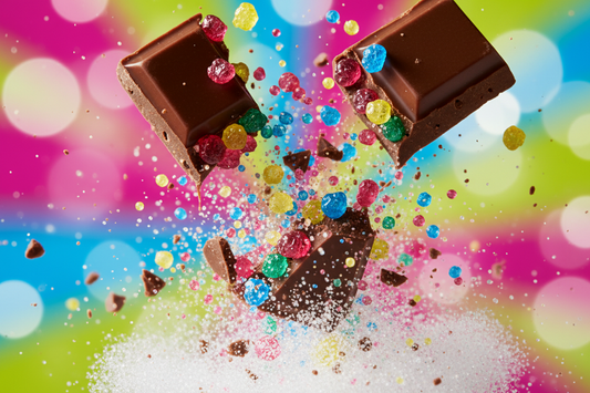 Bunte Nahaufnahme von knisternder Schokolade mit sichtbaren Popping-Kristallen