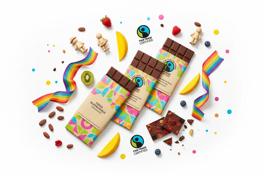 Bunte Darstellung nachhaltiger Fair Trade Schokolade