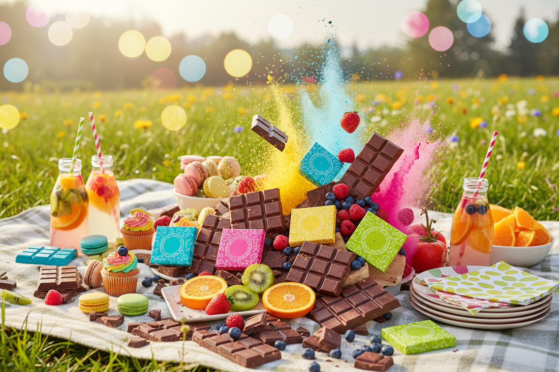 Buntes Picknick mit Schokolade im Freien
