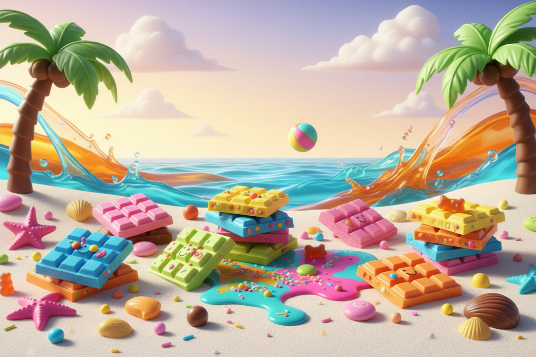 Bunte Schokolade am Strand Konzept