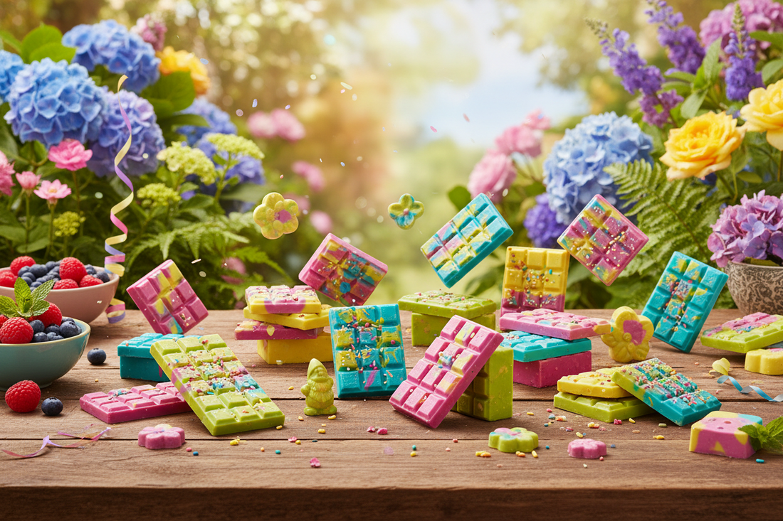 Bunte Schokolade im Garten und Outdoor-Genuss