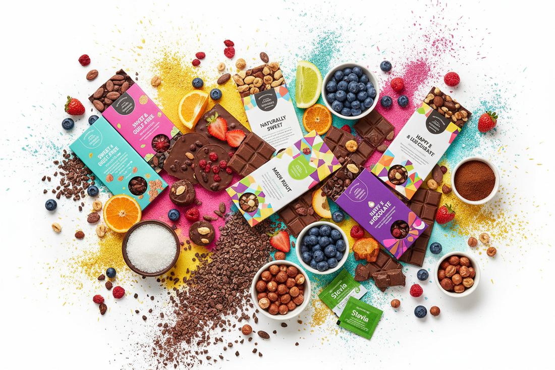 Bunte Darstellung von zuckerfreier Schokolade und Alternativen