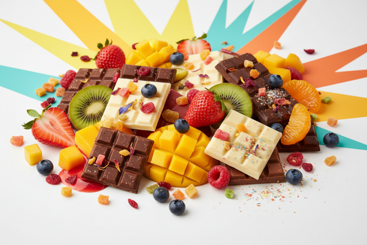 Bunte Kombination von Schokolade und Sommer-Früchten