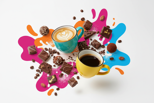 Bunte Präsentation von Schokolade und Kaffee Pairing