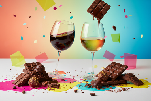 Bunte Präsentation von Schokolade und Wein Pairing