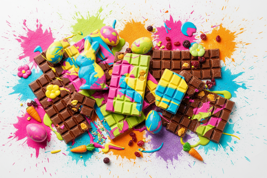 Bunte Oster-Schokolade mit traditionellen und modernen Elementen