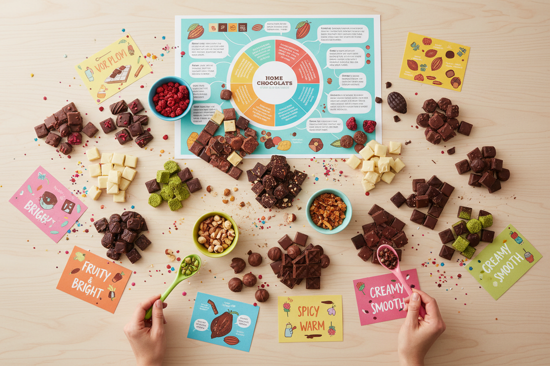 Buntes Schokoladen-Tasting Setup für zu Hause