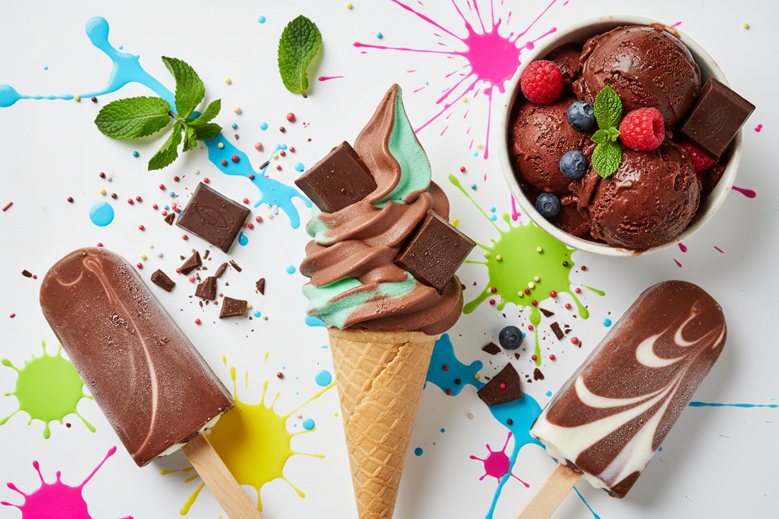 Bunte kalte Sommer-Schokoladen-Desserts
