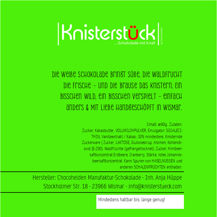 Weiße mit Waldfrucht & Knall Musterpaket B2B – Handgeschöpfte Schokolade mit Knallbrause aus Wismar.