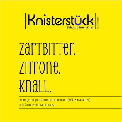 Zartbitter mit Zitrone & Knall Musterpaket B2B, handgeschöpfte Schokolade mit Knallbrause auf gelbem Hintergrund.