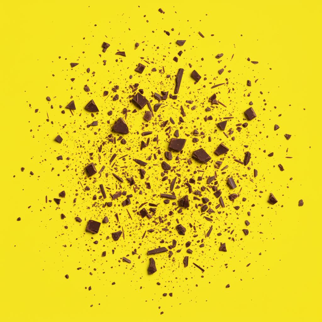 Zartbitter mit Zitrone & Knall Musterpaket B2B - Handgeschöpfte Schokolade auf gelbem Hintergrund.