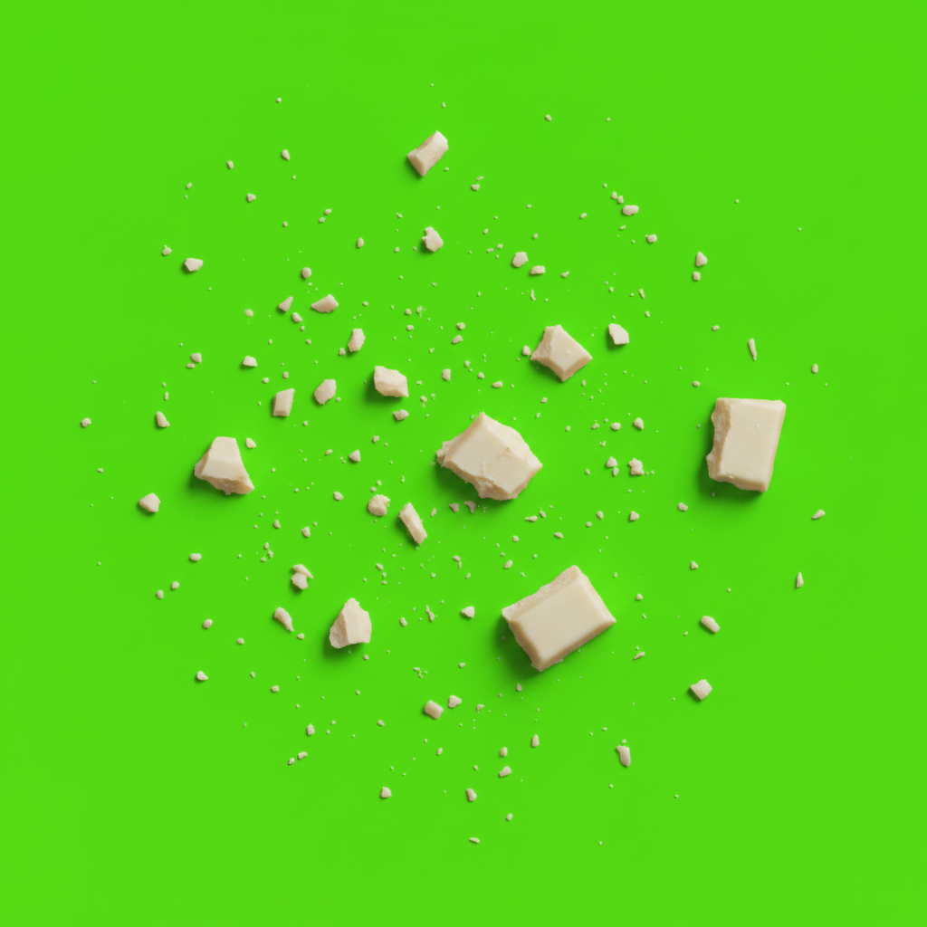 Weiße mit Waldfrucht & Knall Musterpaket B2B - Handgeschöpfte Schokolade mit knisternder Textur auf grünem Hintergrund.